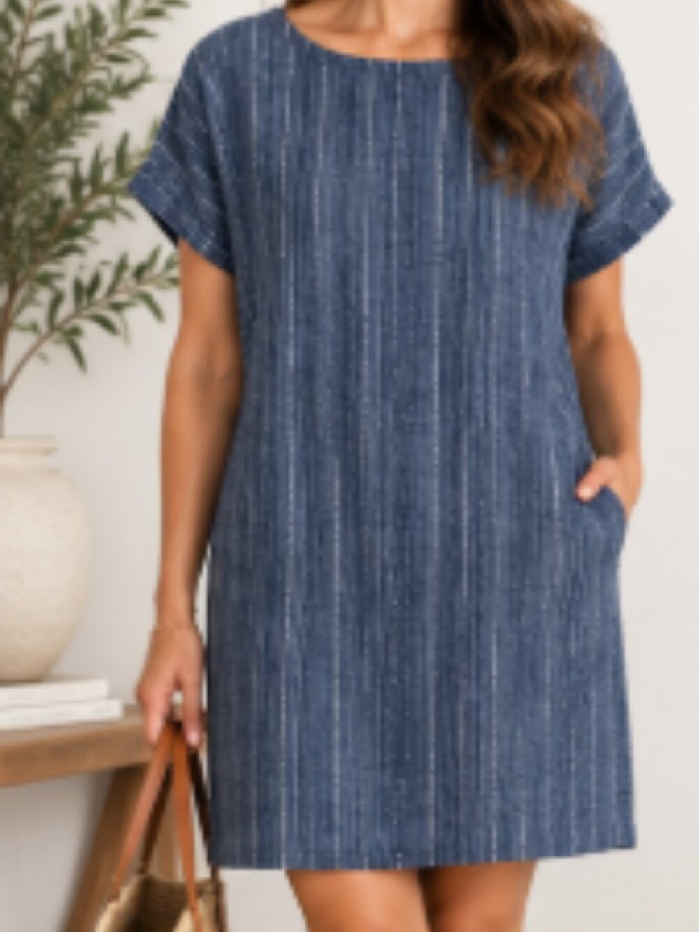 Eileen Fisher Organic Linen Blue Striped Shift Dress Size m